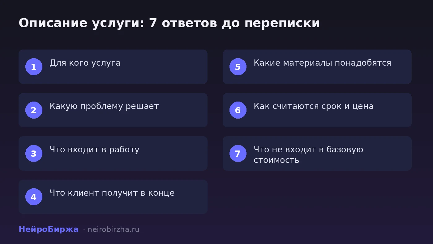 Семь пунктов описания услуги: для кого, какая проблема, что входит, результат, материалы, цена, что не входит