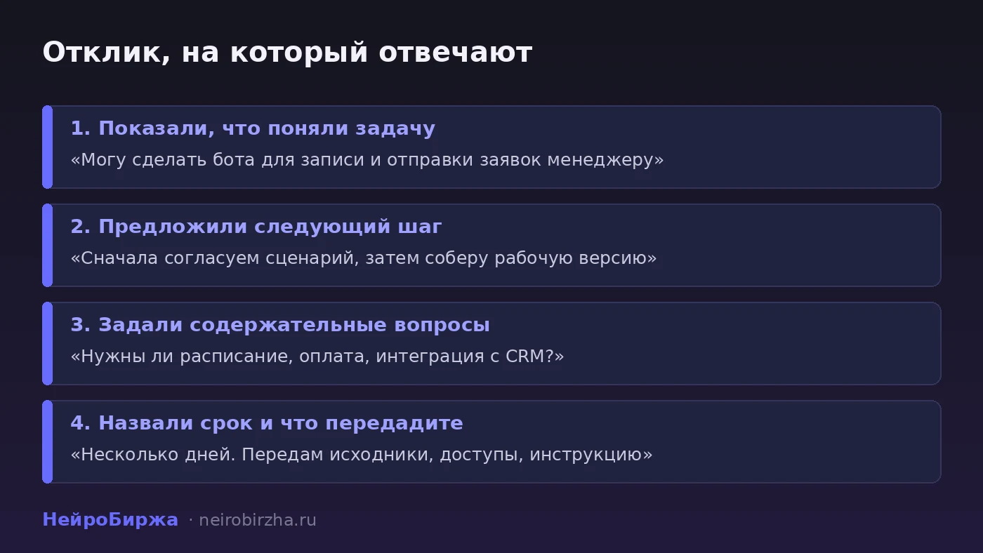 Структура отклика на заказ из четырёх частей: понимание задачи, следующий шаг, вопросы, срок и передача