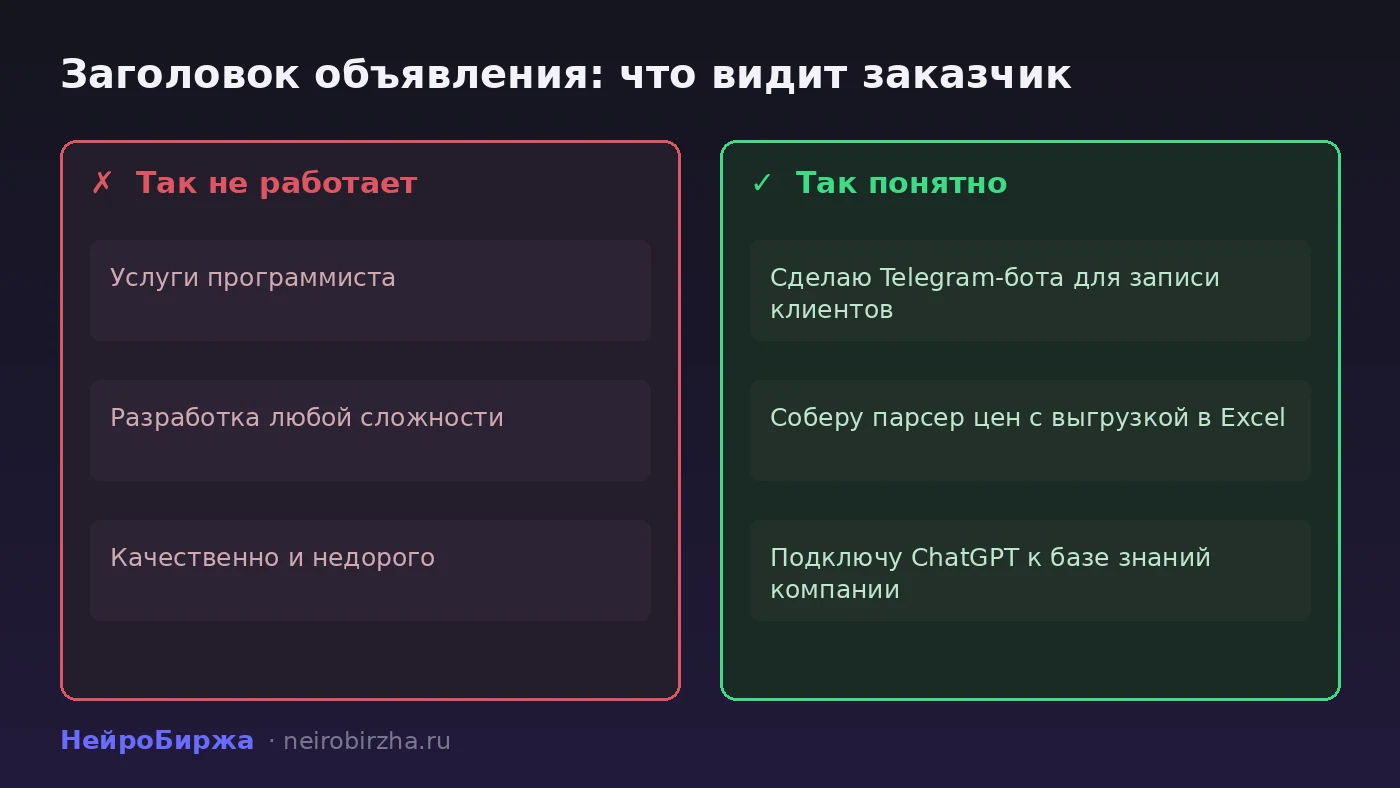 Сравнение заголовков объявлений: размытые формулировки против конкретного результата